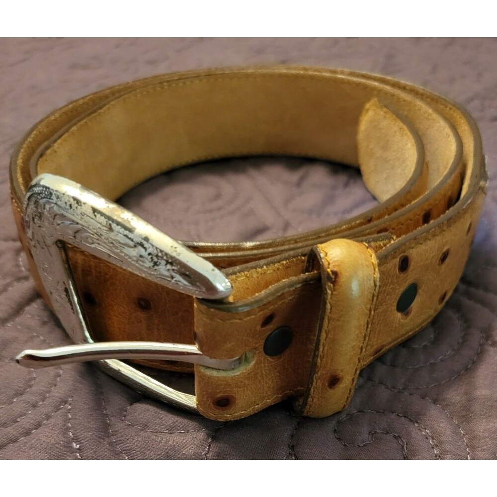 Tony Lama Ostrich Print Leather Belt 1377L Men Sz 38 Brown Western Made USA EUC!